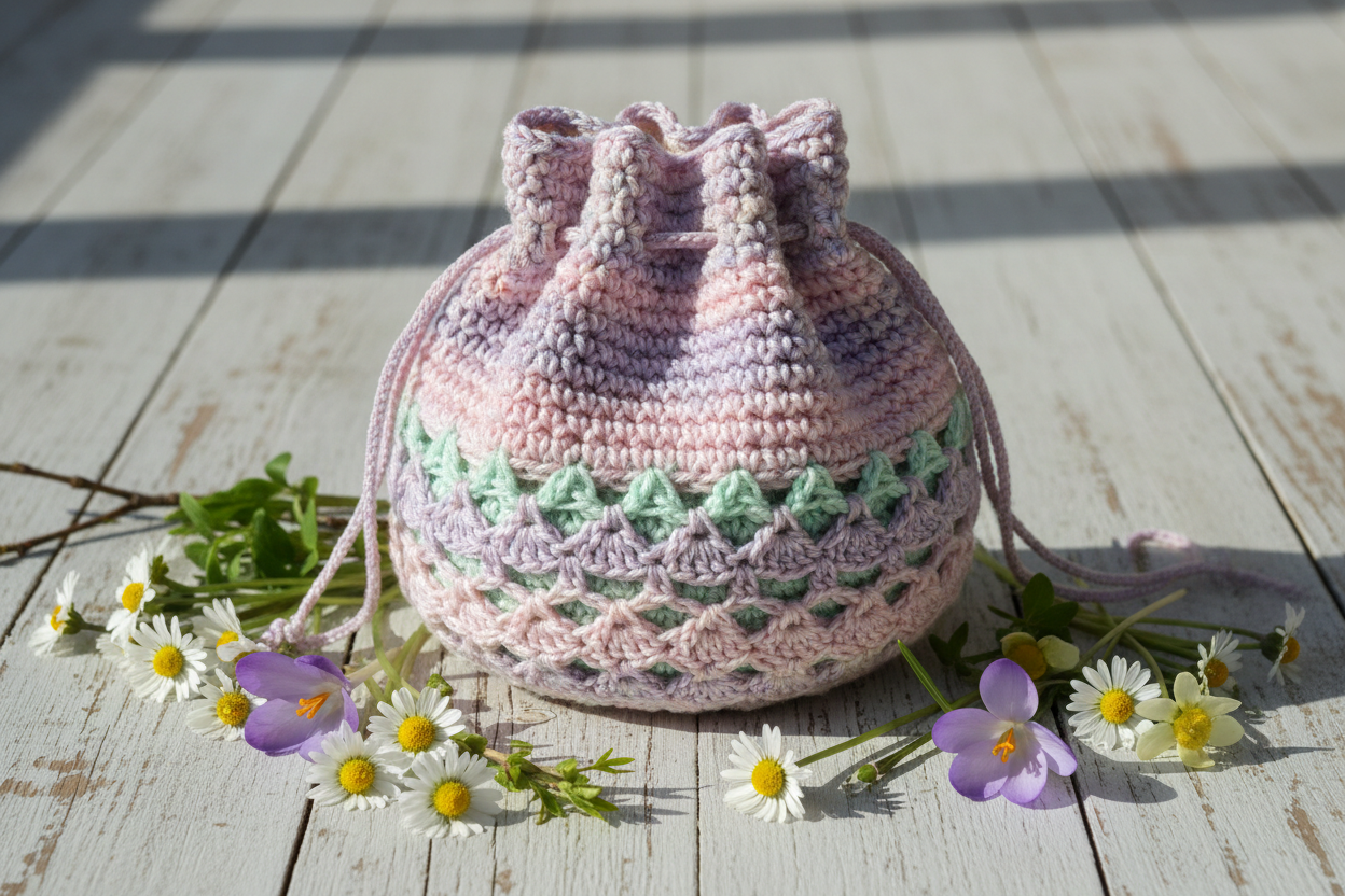 Crochet coin bag with lace in spring colors